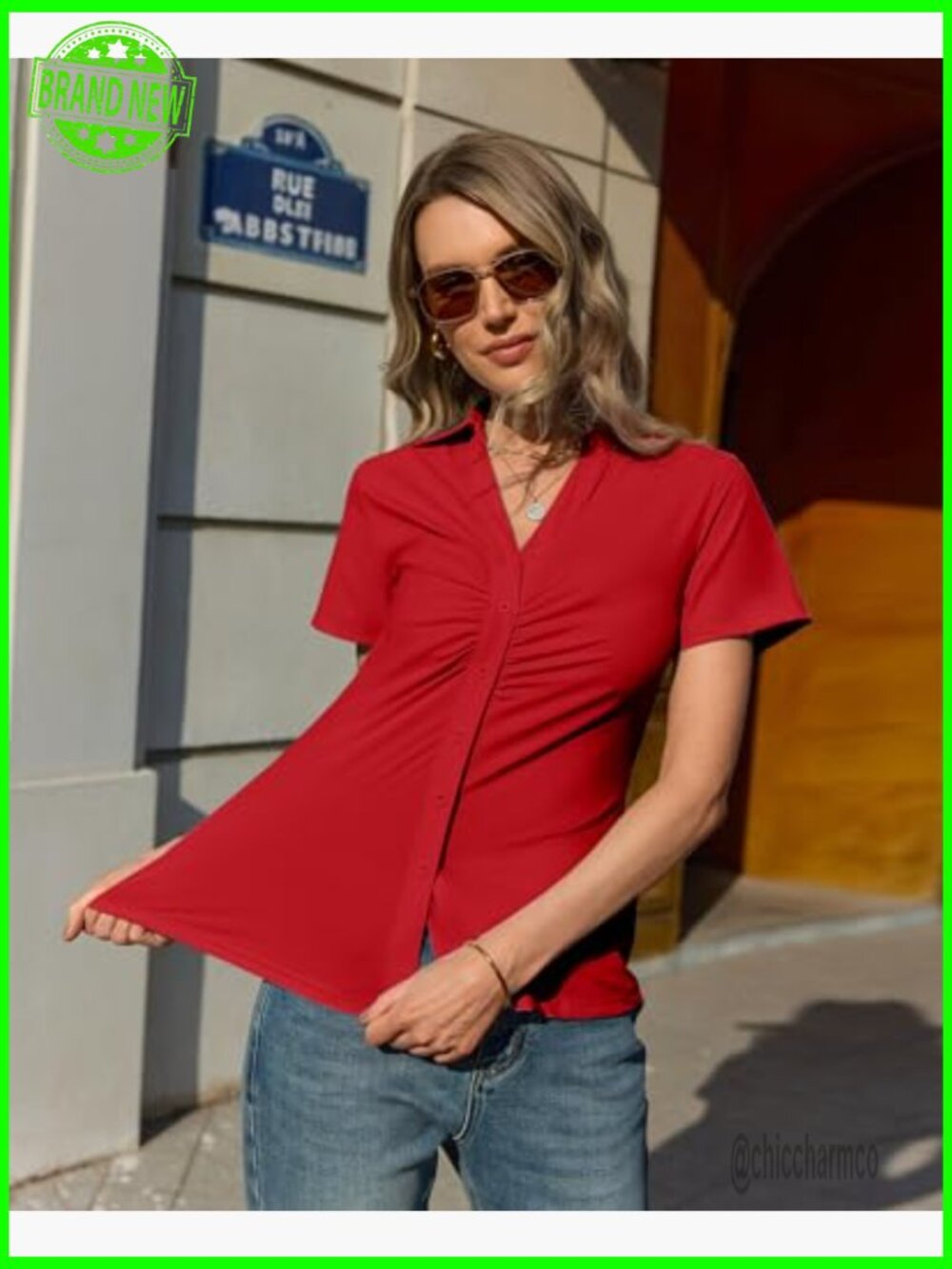 Short Sleeve Button Down Ruched Top Y2K Fitted Blouse - Picture 2 of 7